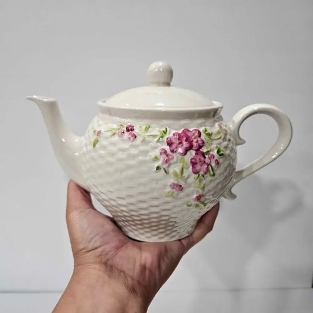 Ceramic Teapot with Floral Design and Basket Weave Texture From Teleflora